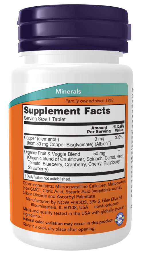 NOW Foods - Glycinát medi - 120 tabliet – Obrázok 2