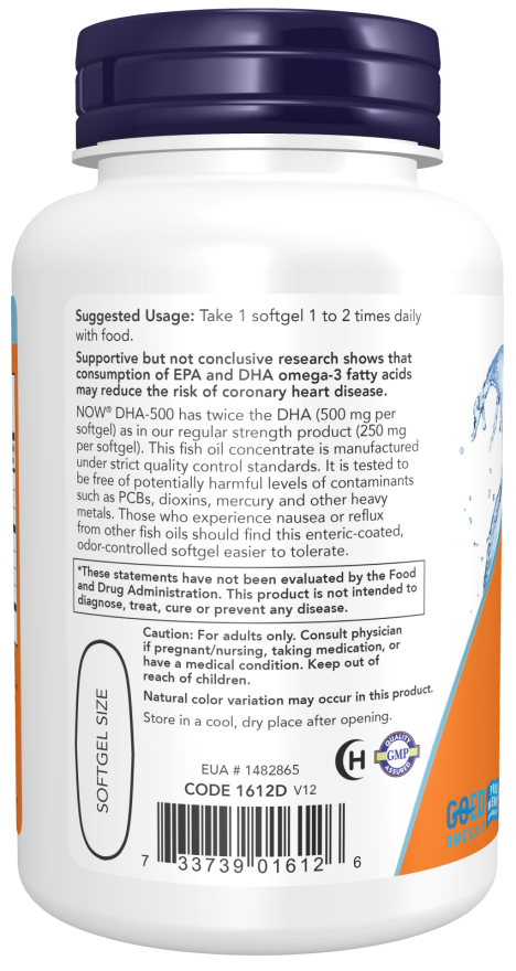 NOW Foods - DHA-500, 500 mg DHA / 250 mg EPA - 90 mäkkých kapsúl – Obrázok 3