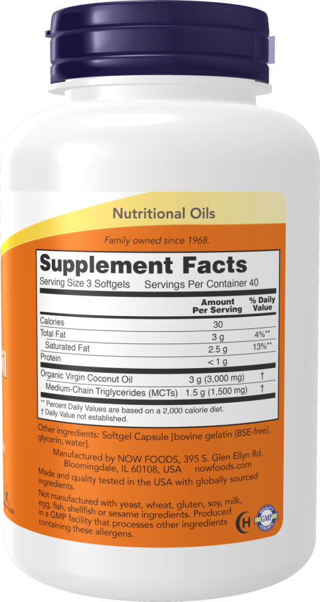 NOW Foods – Panenský kokosový olej, 1000mg - 120 mäkkých kapsúl – Obrázok 2