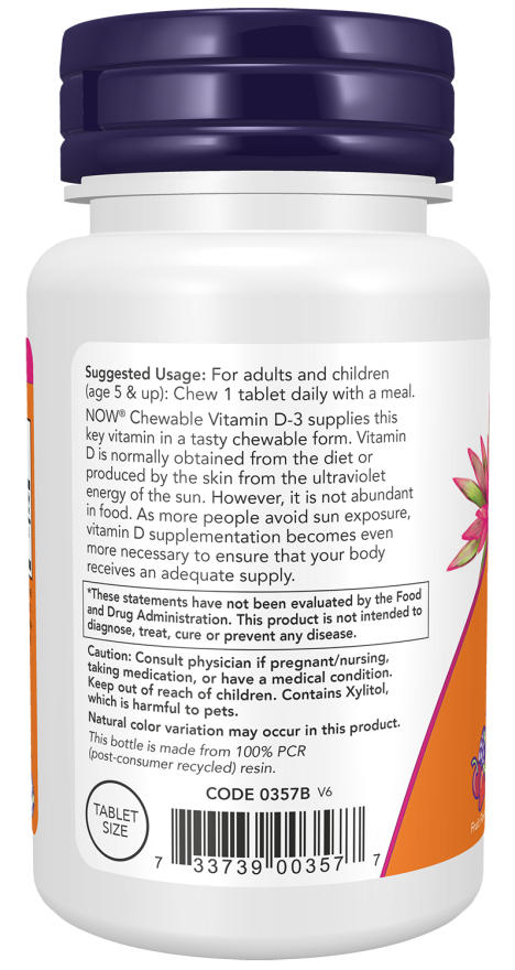 NOW Foods - Vitamín D-3, 1000 IU (Žuvacie tablety) - 180 žuvacích tabliet – Obrázok 3